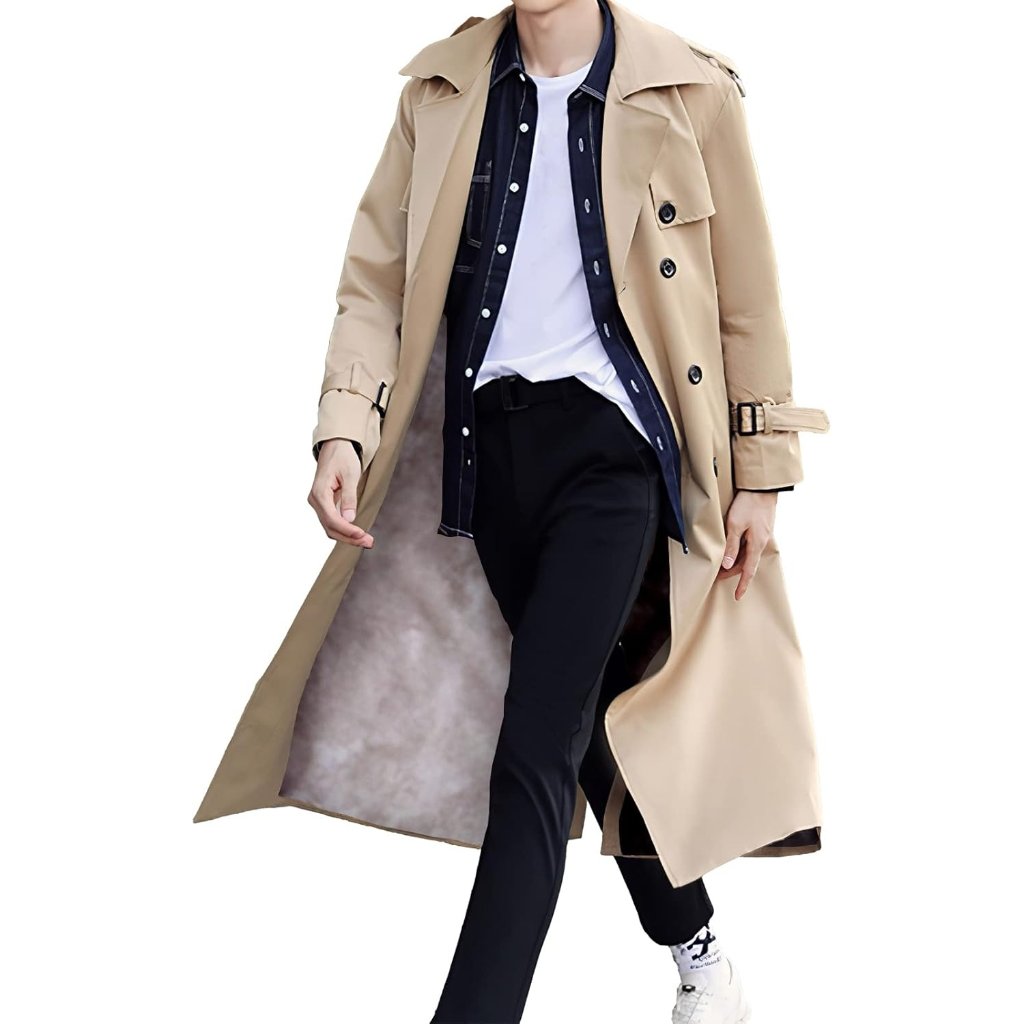 Men Cream Long Trench Coat Oversized Casual Windbreaker Double Breasted Coat
